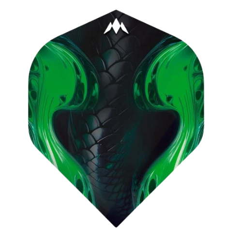 No.2 dart flight with bold green snake-scale pattern, close-up full view, isolated on white, 100 micron thick for dart setup