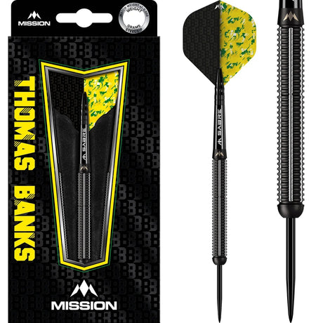 90% tungsten steel tip darts in retail packaging with close-up of black textured barrel and yellow patterned flights