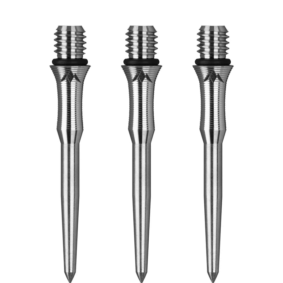 Three titanium dart conversion points upright on white background, showcasing grip grooves, steel tip, and black silicon O-ring for soft to steel tip darts
