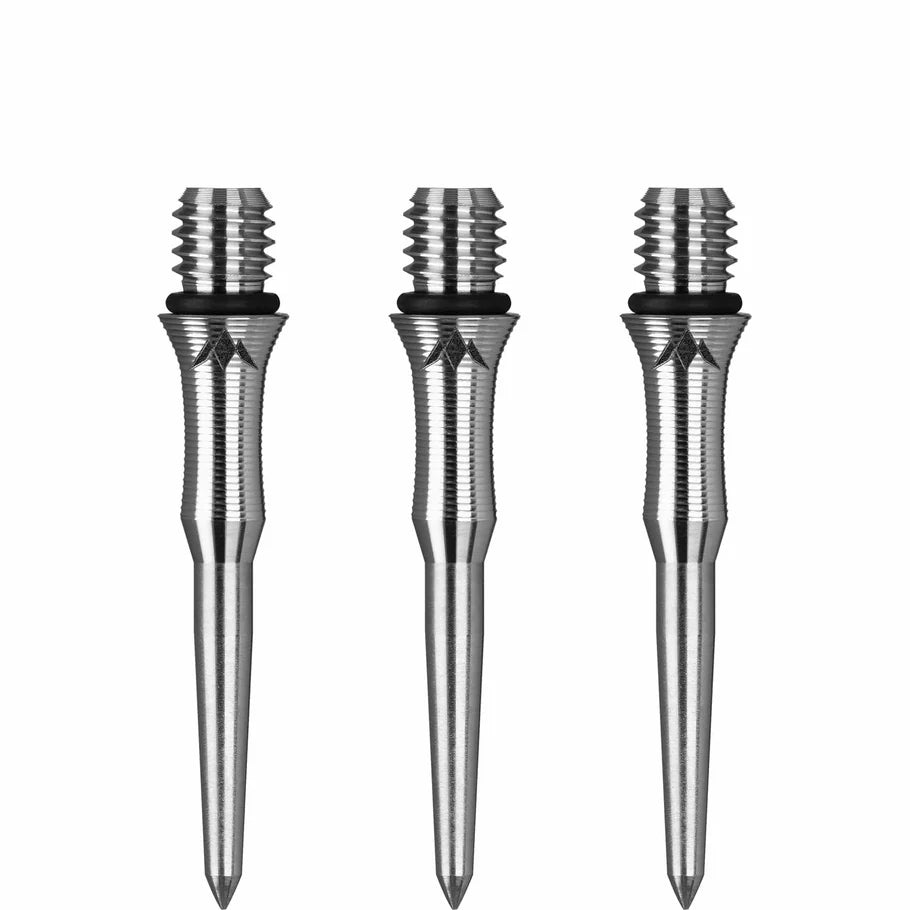 Three titanium dart conversion points with silicon O rings, precision grip, and steel tips isolated on white background.