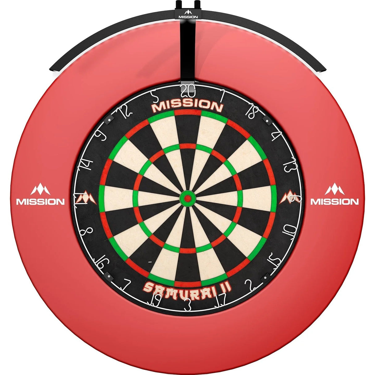Top-down view of dartboard with red surround and attached folding LED ring light for darts, isolated on white background