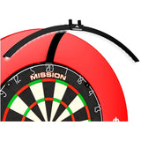 Angled close-up of dartboard with folding LED lighting system mounted, showing bright illumination and red surround for darts setup