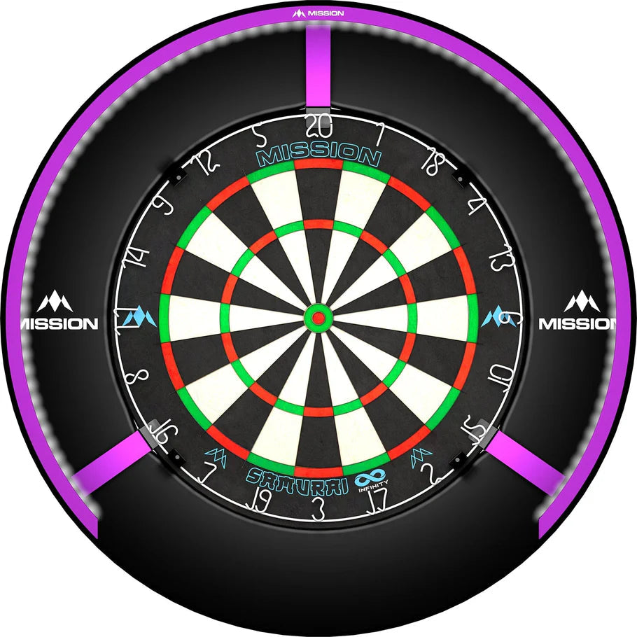 Top-down view of dartboard with 270-degree LED lighting ring, bright white light strip, ideal for clear dart scoring visibility