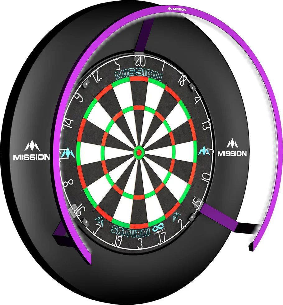 Angled full view of dartboard lighting system with bright white LED ring mounted around dartboard, ideal for consistent darts illumination
