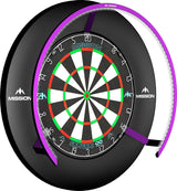 Angled full view of dartboard lighting system with bright white LED ring mounted around dartboard, ideal for consistent darts illumination