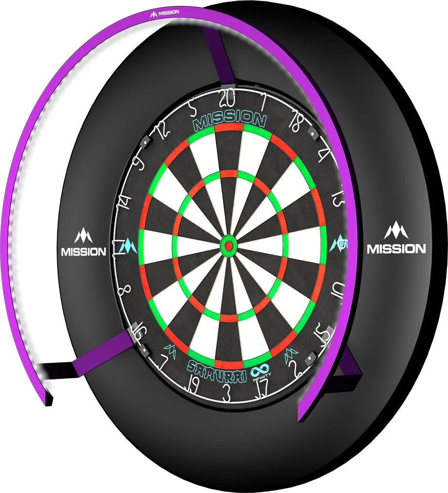 Dartboard lighting ring with bright white LED strip attached to dartboard surround, angled view highlighting uniform board illumination