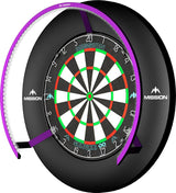 Dartboard lighting ring with bright white LED strip attached to dartboard surround, angled view highlighting uniform board illumination