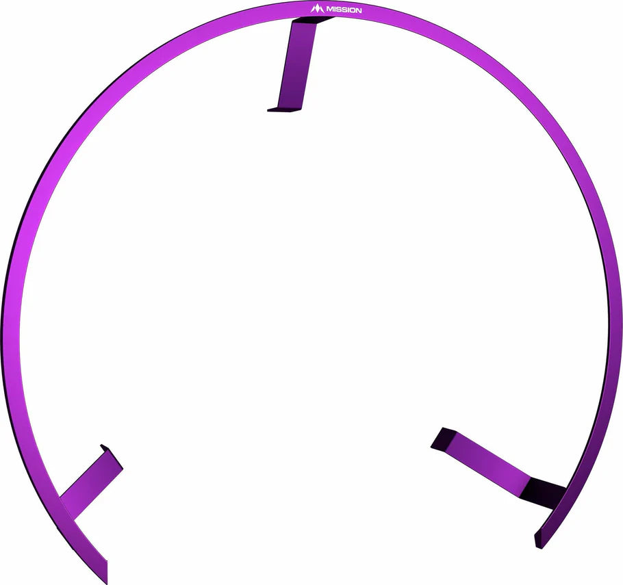 Full view of purple dartboard lighting ring with three mounting brackets, isolated on white background for dart setup