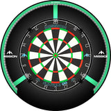 Top-down full view of dartboard with bright white LED lighting ring, showing even illumination and dartboard sector details