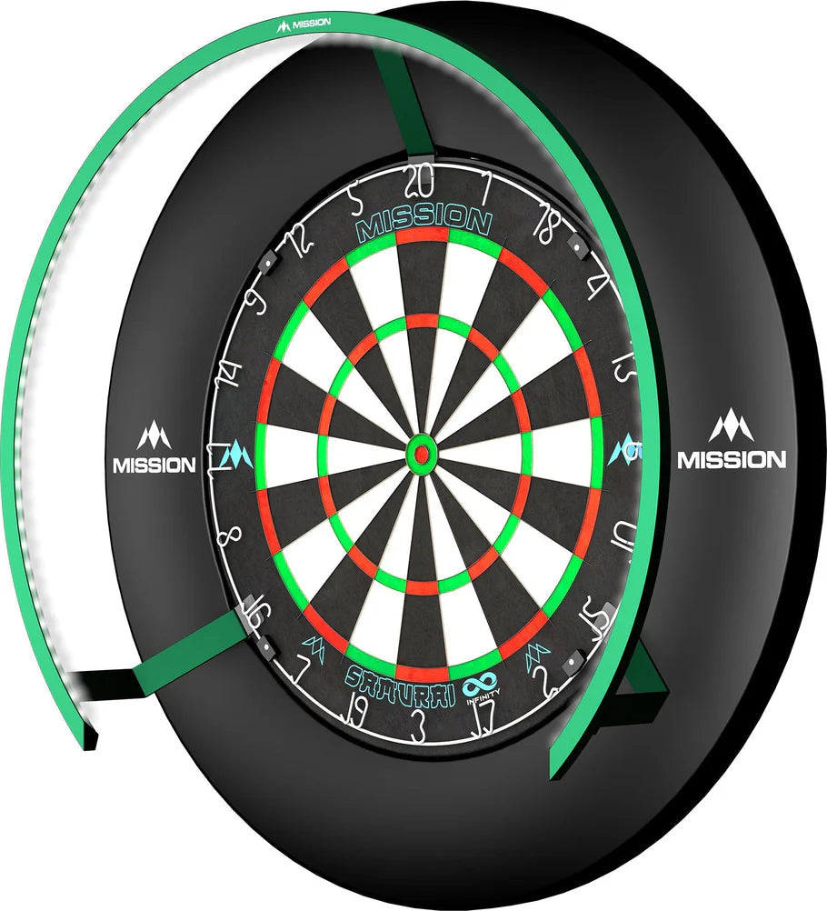 Dartboard with attached 270-degree LED lighting ring, angled full product view, bright white light, isolated on white background