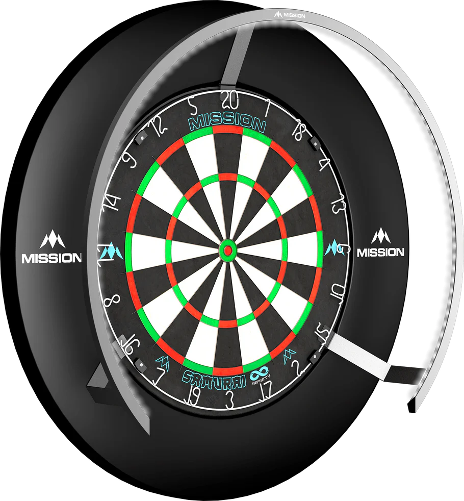 Dartboard lighting ring in bright white, full product view mounted on dartboard, isolated background for darts setup
