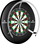 Dartboard lighting ring in bright white, full product view mounted on dartboard, isolated background for darts setup