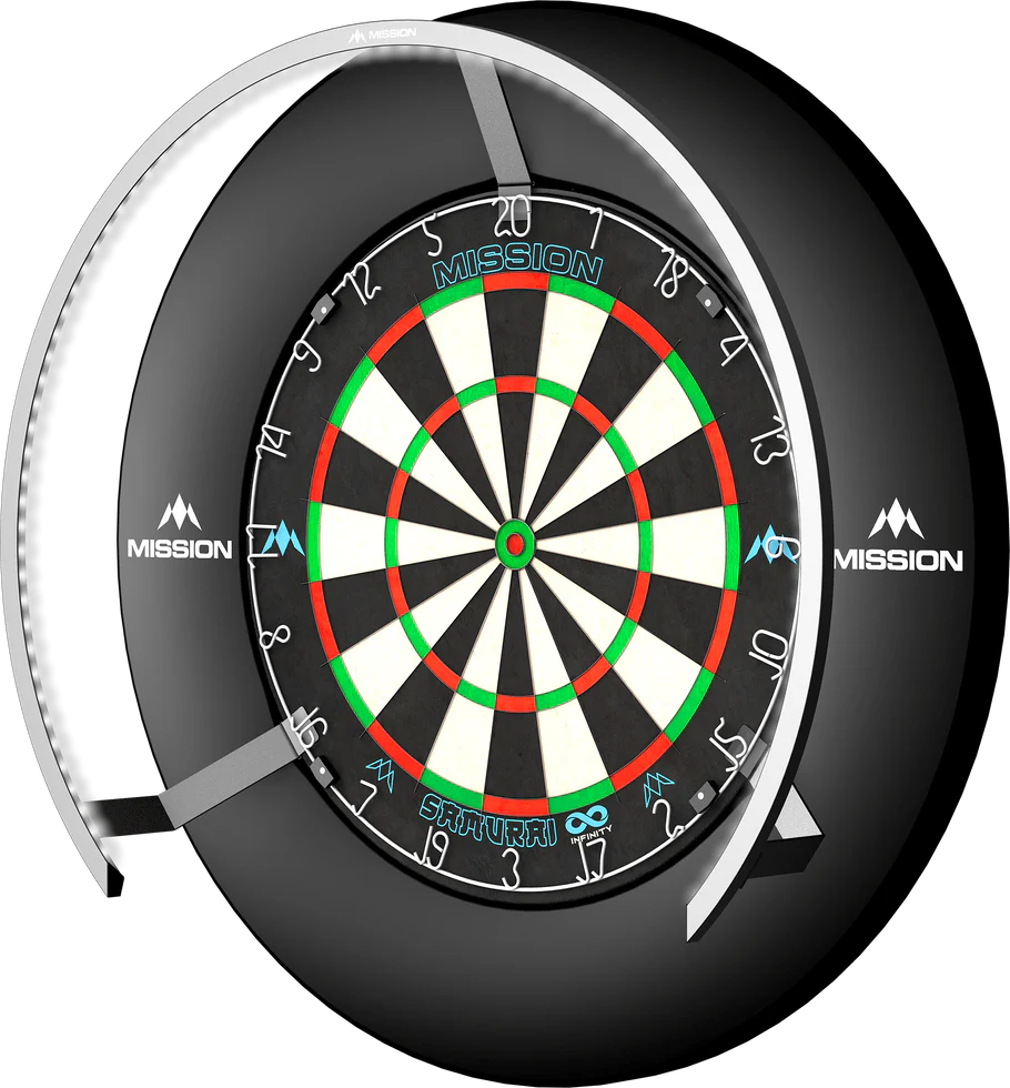 Dartboard lighting ring with bright white LED, full front view mounted on dartboard, showing even light coverage for darts setup