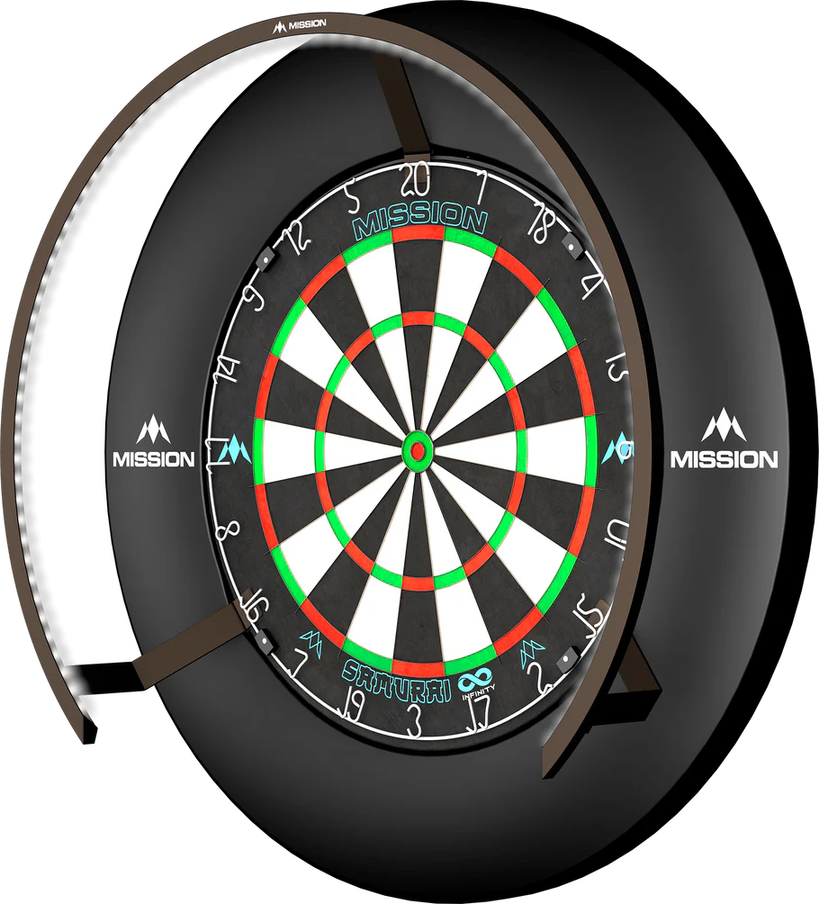 Angled view of dartboard lighting ring with bright white LEDs fully illuminating a mounted dartboard, ideal for dart setup
