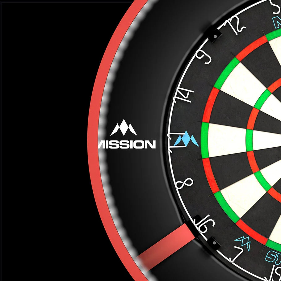 Angled close-up of dartboard with bright white LED lighting ring highlighting numbers and segments for precision darts play