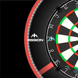 Angled close-up of dartboard with bright white LED lighting ring highlighting numbers and segments for precision darts play