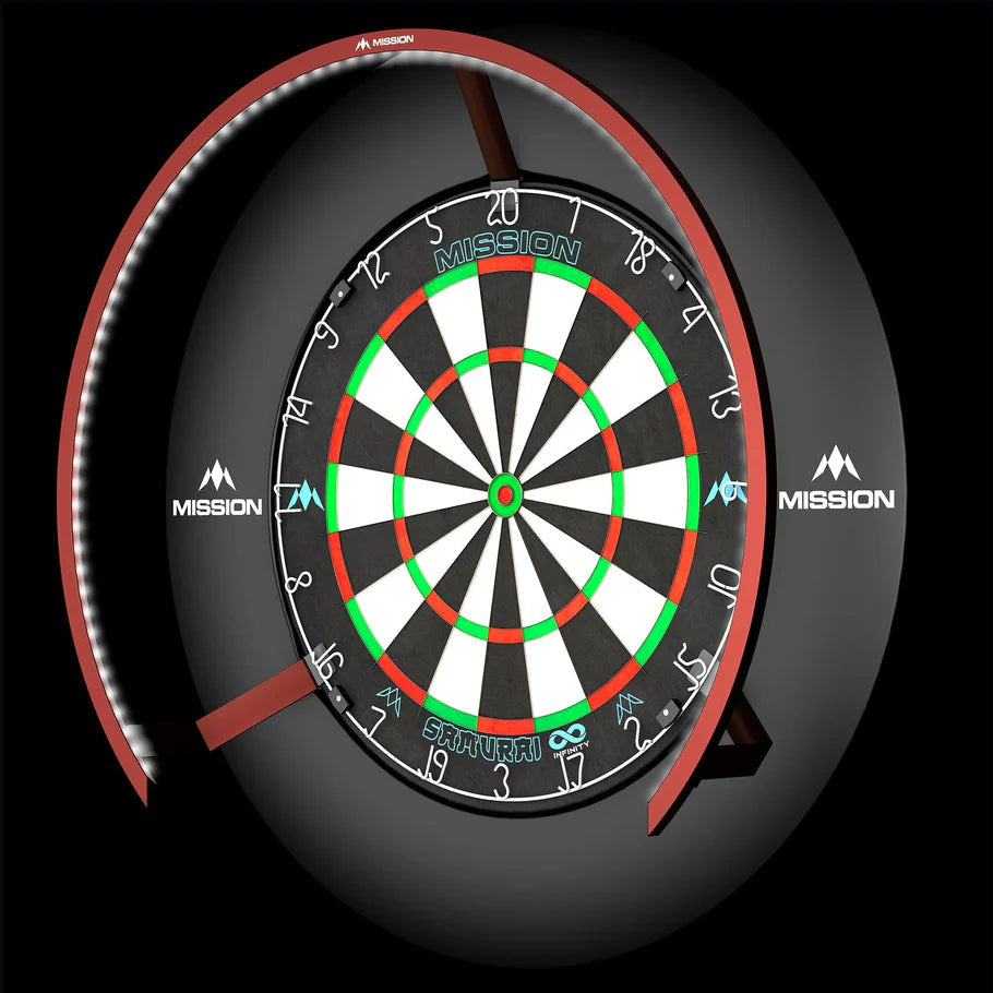 Dartboard with 270-degree bright white LED lighting ring, full view, isolated on black background for dart equipment display