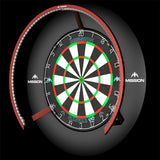 Dartboard with 270-degree bright white LED lighting ring, full view, isolated on black background for dart equipment display