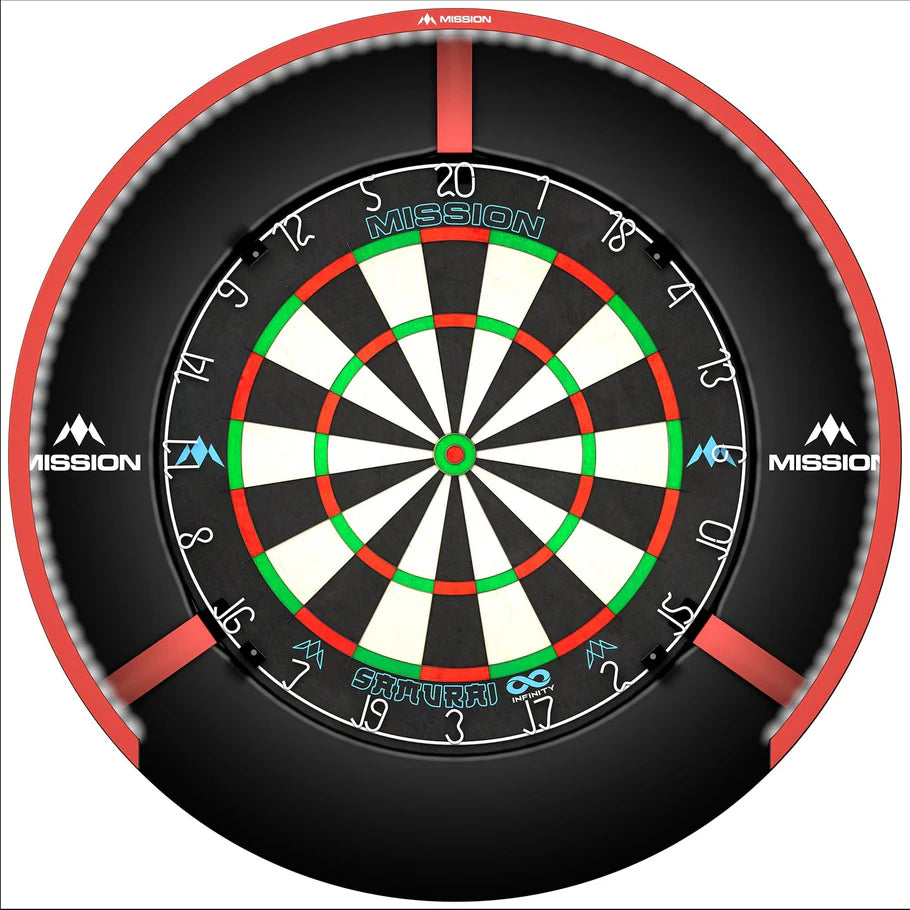 Top-down view of dartboard with fitted lighting ring, showing bright illuminated play area for clear dart scoring