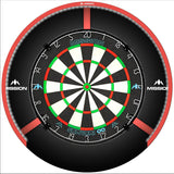 Top-down view of dartboard with fitted lighting ring, showing bright illuminated play area for clear dart scoring