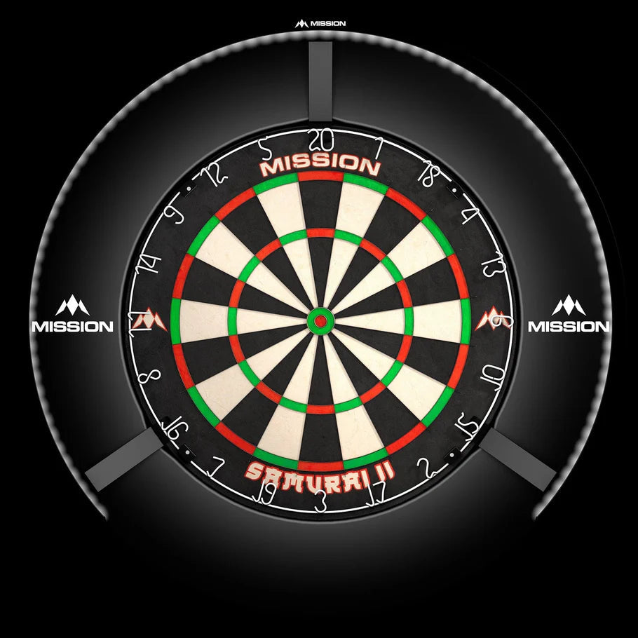 Top-down view of dartboard with bright white 270-degree LED ring light, showing even dartboard illumination for enhanced visibility