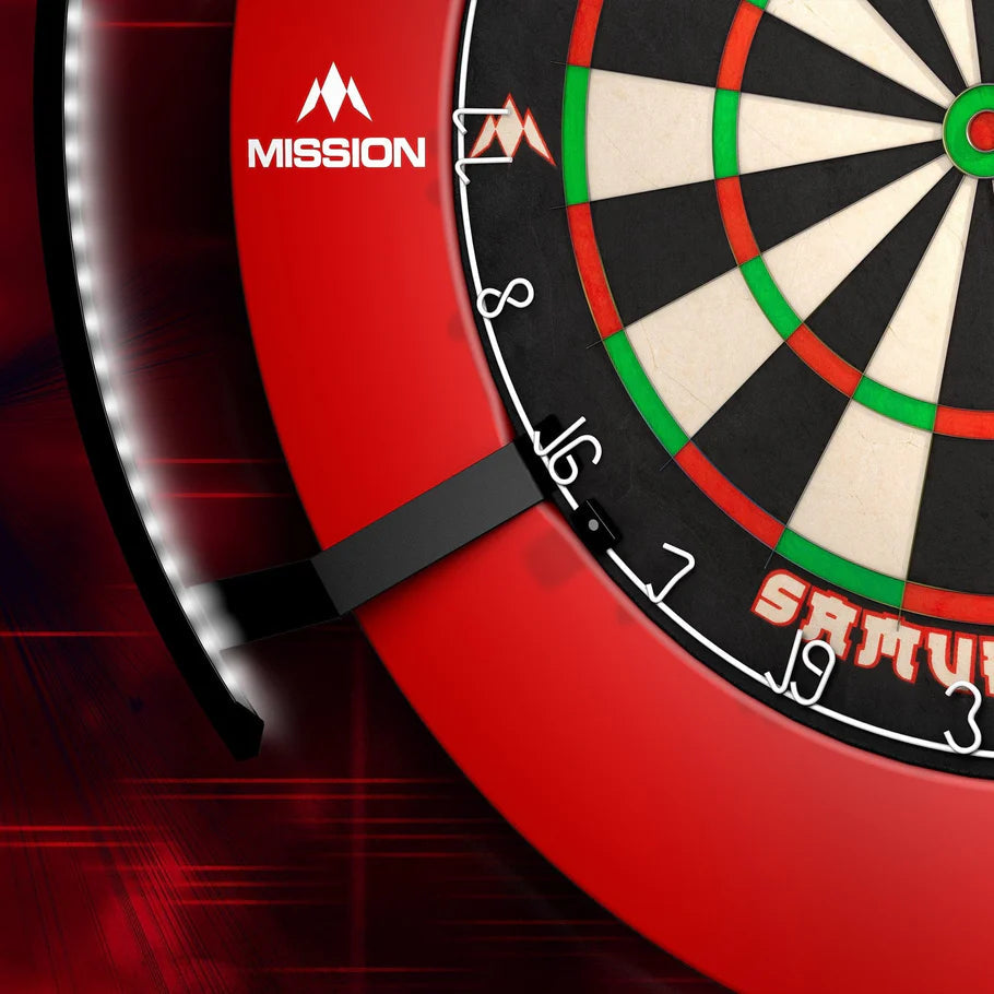 Angled close-up of dartboard with Torus 270 LED lighting arm, showing bright white illumination ideal for darts setup