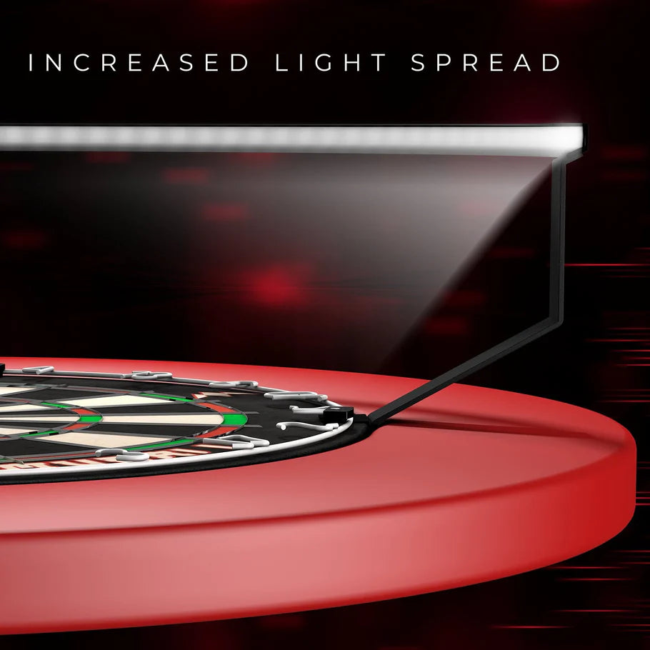 Angled close-up of dartboard lighting system illuminating dartboard with red surround, highlighting increased light spread for darts setup