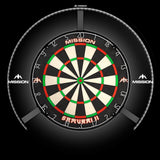 Dartboard with 270-degree LED lighting ring top-down view, showcasing bright, even dartboard illumination for optimal visibility