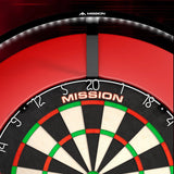 Angled close-up of dartboard with LED light ring highlighting number segments, ideal for home dart setup lighting