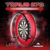Angled view of LED dartboard light mounted on dartboard, showing illuminated LED strip and 270-degree coverage against graphic background