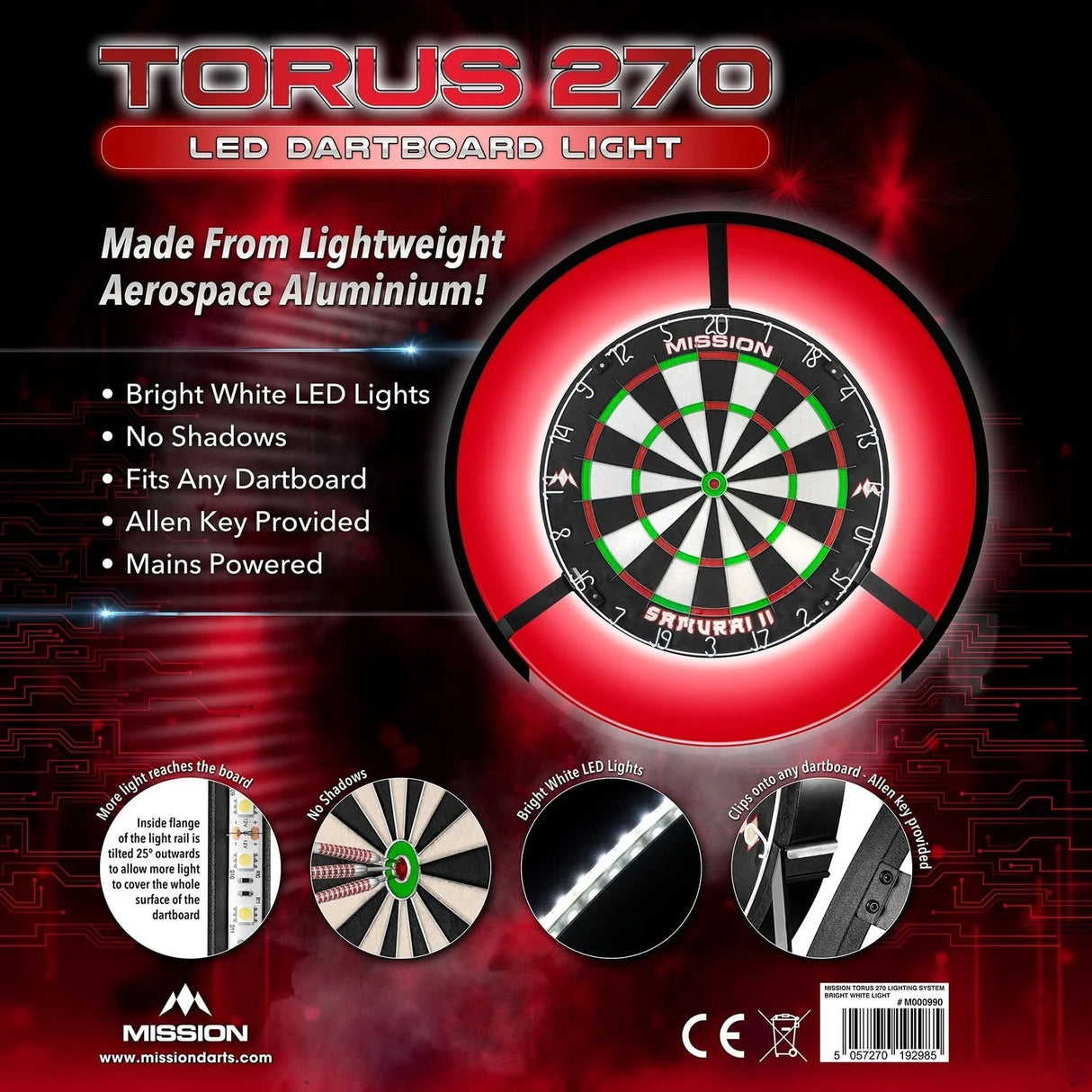 LED dartboard light ring shown illuminating a dartboard, with close-up insets highlighting no shadows, bright LED lights, and mounting details