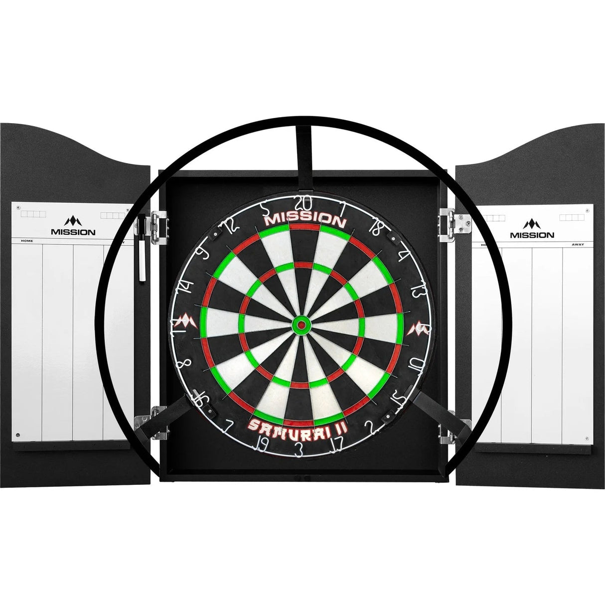 Dartboard cabinet open with LED dartboard light ring installed, clear view of dartboard and side scoreboards for darts setup