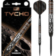 95 percent tungsten steel tip darts with knurled grip barrel, bronze and silver rings, displayed with retail packaging