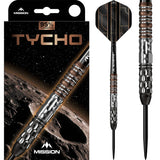 95 percent tungsten steel tip darts with knurled grip barrel, bronze and silver rings, displayed with retail packaging