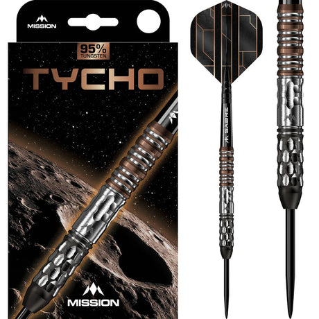 95 percent tungsten steel tip darts with knurled grip barrel, bronze and silver rings, displayed with retail packaging