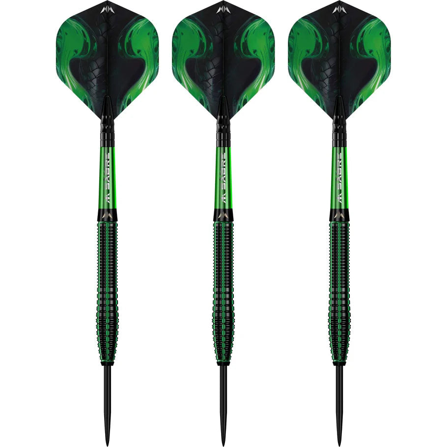 three 90 percent tungsten darts aligned vertically on white background, black and green barrel grip, snake-skin style flights