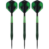 three 90 percent tungsten darts aligned vertically on white background, black and green barrel grip, snake-skin style flights