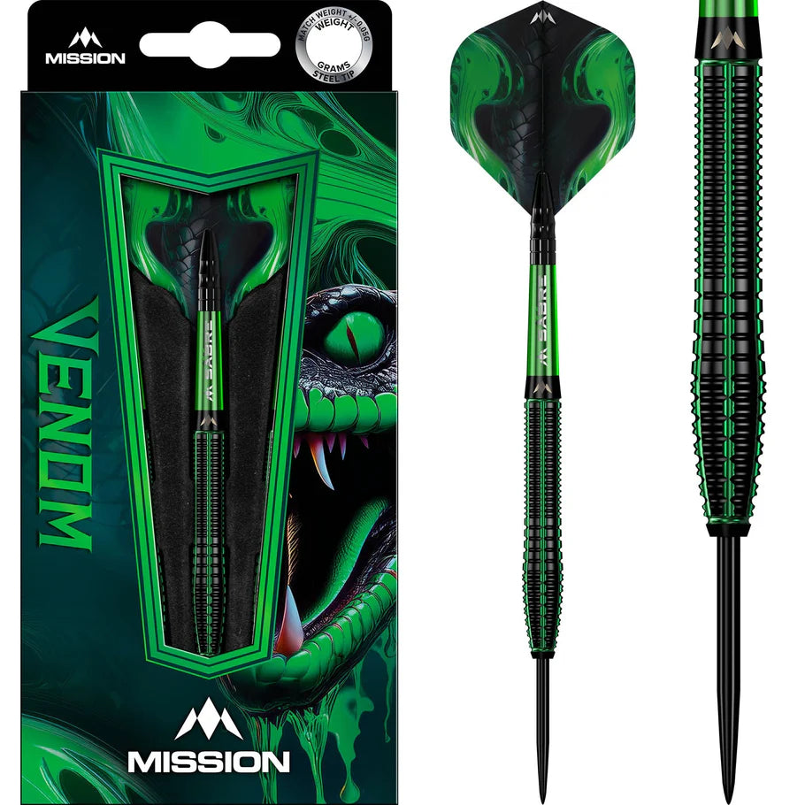 Steel tip tungsten dart set in retail packaging, close-up on black PVD and green electro plate barrel with textured grip and venom-themed flights