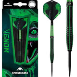 Steel tip tungsten dart set in retail packaging, close-up on black PVD and green electro plate barrel with textured grip and venom-themed flights