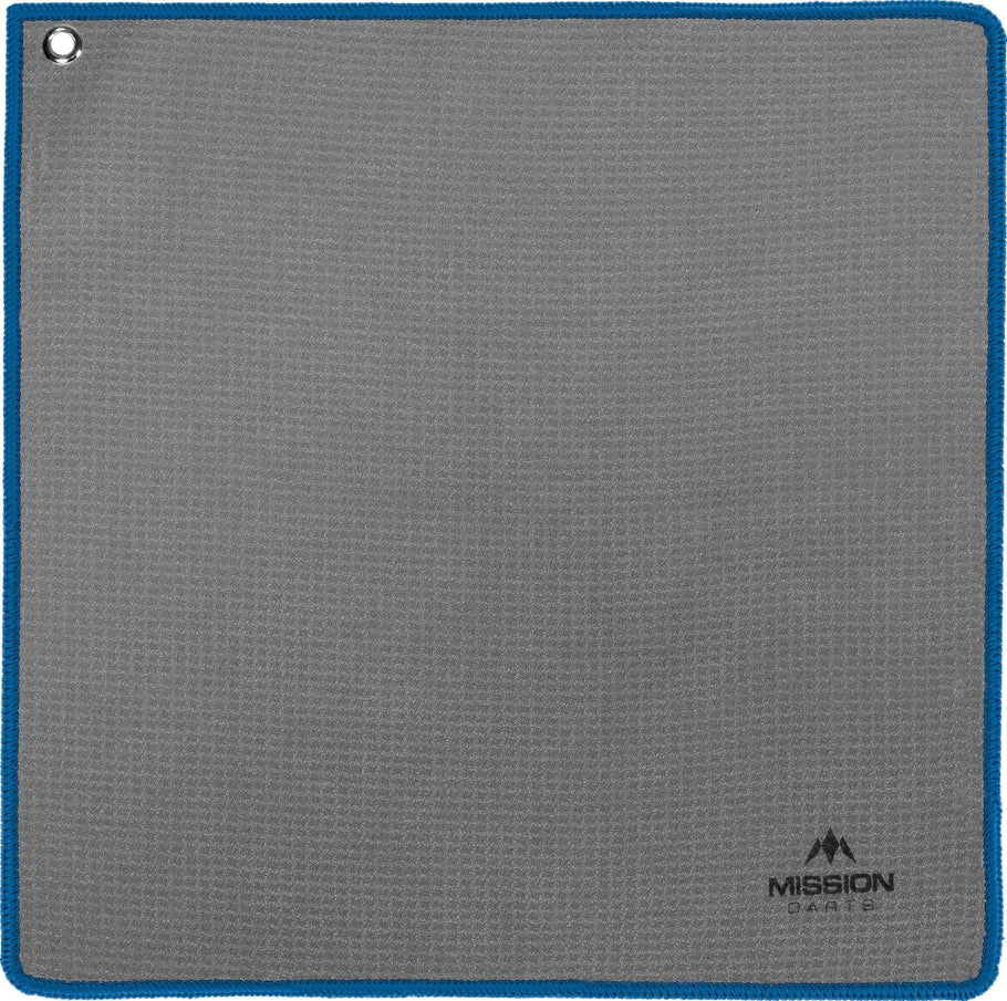 Top-down view of gray waffle hand towel with blue edging, metal grommet, and textured surface for dart player moisture control