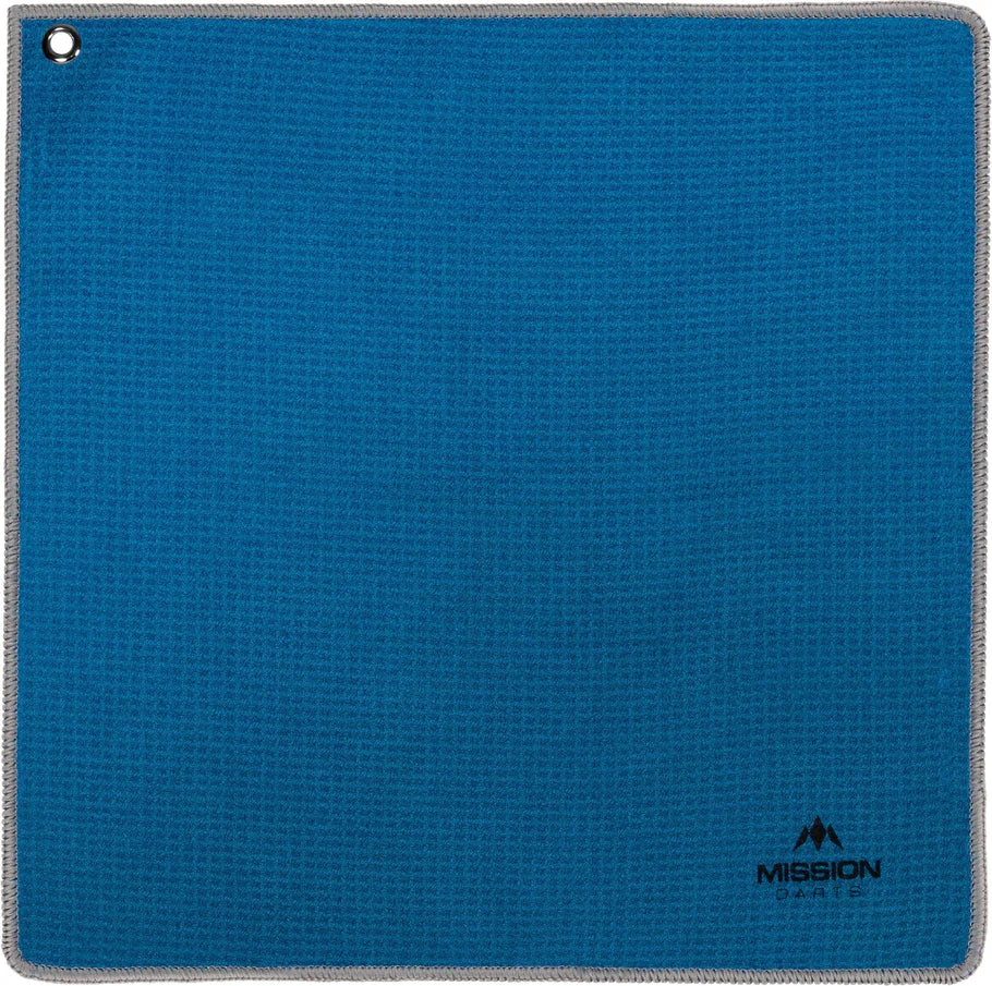 Top-down view blue waffle texture hand towel for darts, single item with metal eyelet, isolated on white background