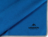 Close-up angled view of blue waffle hand towel with textured weave and Mission Darts logo, ideal for dart grip moisture control