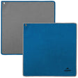 Two waffle weave dart hand towels in blue and grey, flat lay with metal eyelets, ideal for moisture control in dart games