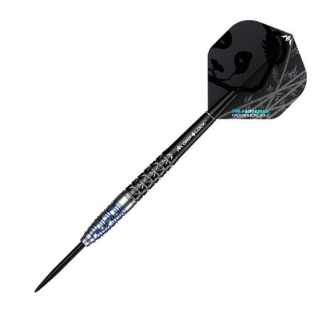Single 95% tungsten dart with torpedo barrel, detailed grip rings, and black panda flight isolated on white background
