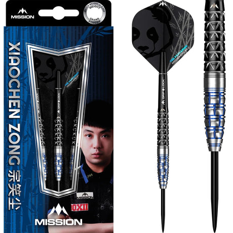 95% tungsten steel tip darts in retail packaging with close-up on torpedo barrel grip and panda-themed flight