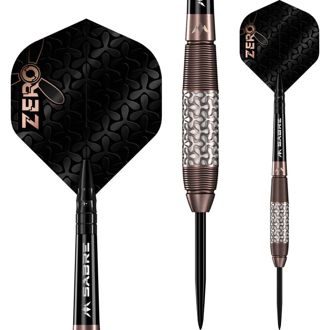 Steel tip darts on white background, close-up of textured tungsten barrel and black patterned flight, display shows three detailed views