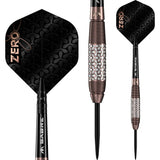 Steel tip darts on white background, close-up of textured tungsten barrel and black patterned flight, display shows three detailed views