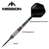 Steel tip dart with black Zero flight, polycarbonate shaft, and 97.75% tungsten barrel highlighted on white background