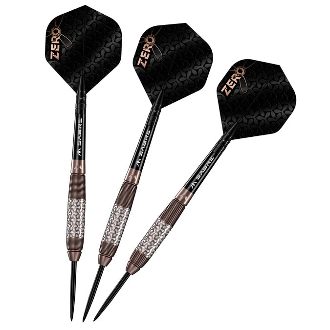 Three 97.5% tungsten steel tip darts angled on white background showing knurled barrel grip and textured black flights