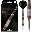 97.5% tungsten steel tip darts full view with textured grip barrel, bronze accents, one dart shown in retail packaging
